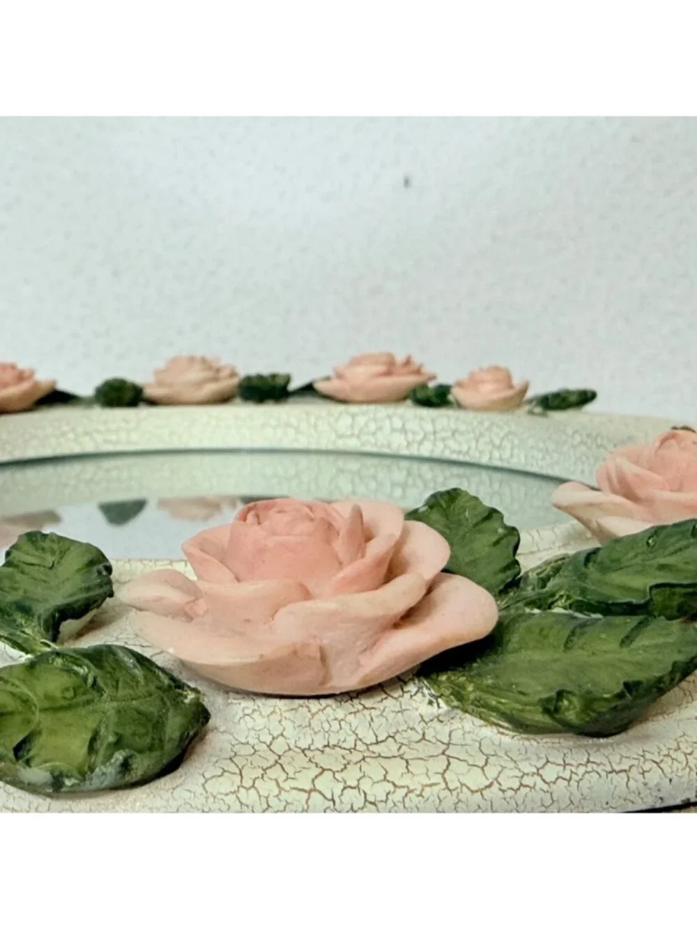Homco Oval Mirror Roses Distressed White Frame VTG Shabby Chic French Country